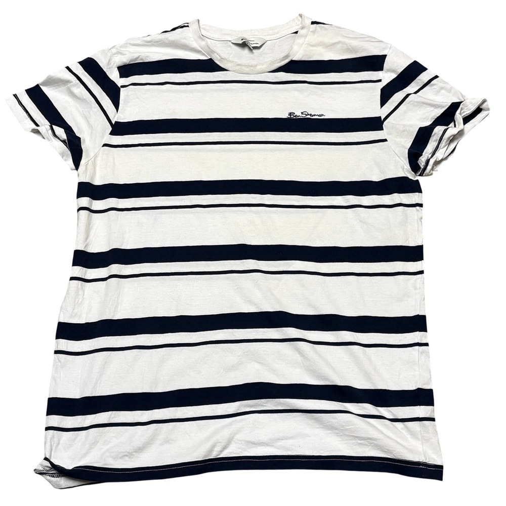 Ben Sherman Striped T-Shirt Embroidered Logo Crew Neck White Navy XL